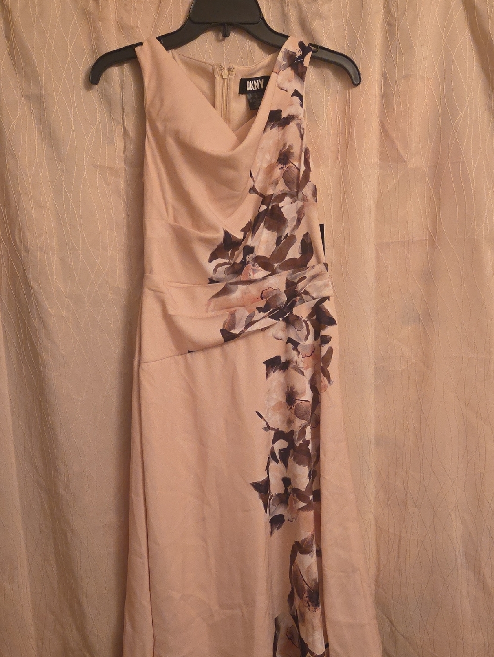DKNY One-Shoulder Cream Dress with Brown Floral Panel